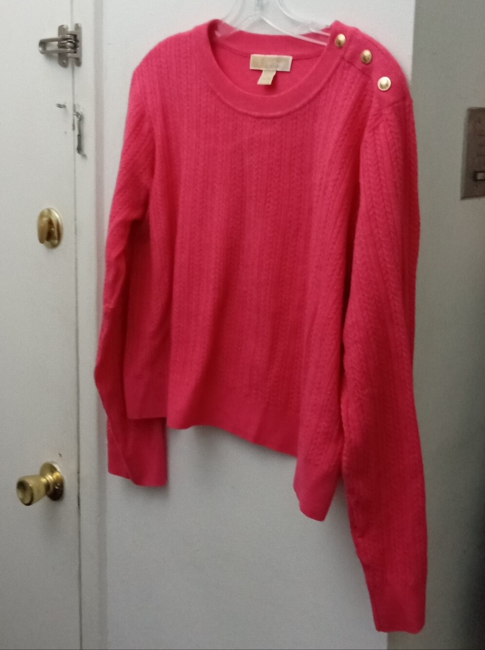 Michael Kors Hot Pink Cable-Knit Crew Sweater with Gold Buttons